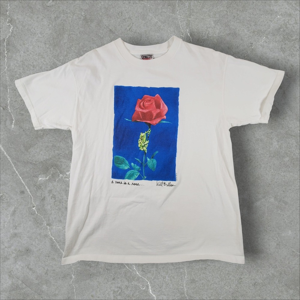 Oneita Will Bullas Art Graphic Tee Mens Large White 1998 Frog Rose Vintage Shirt